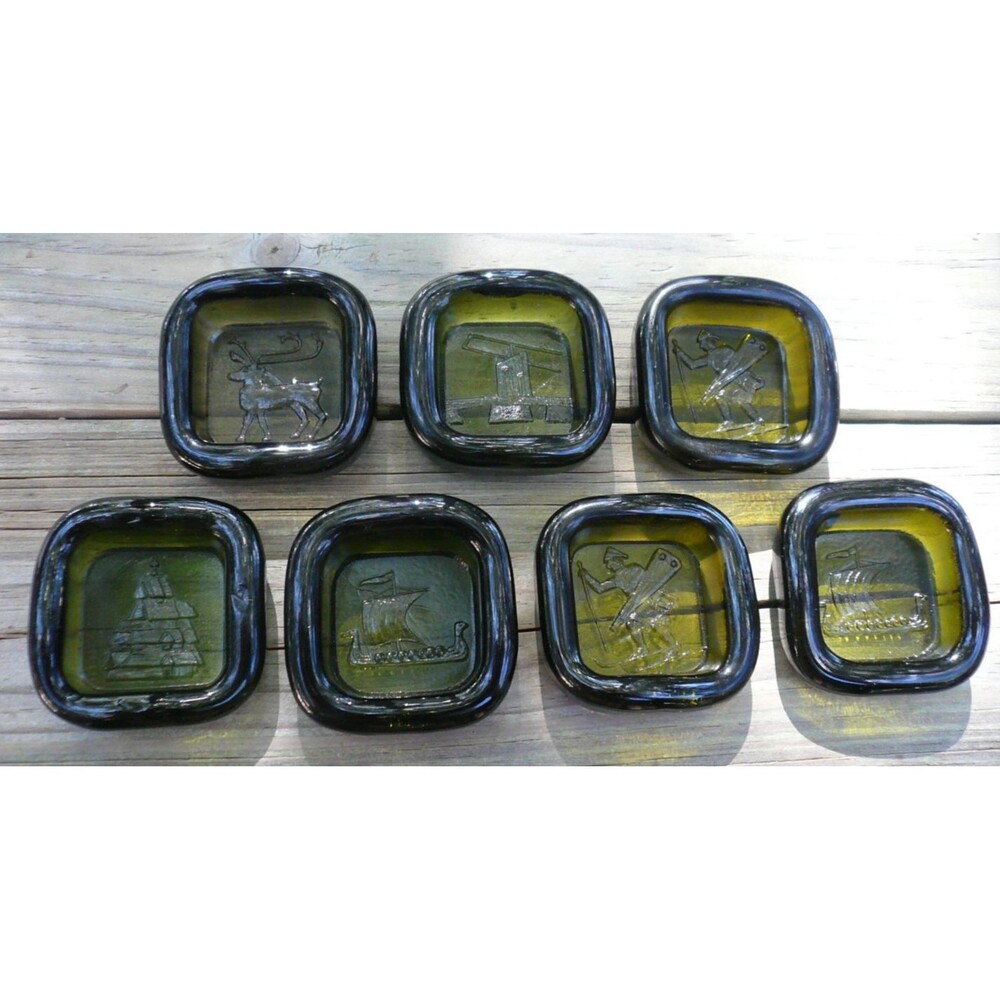 1960'S Richard Duborgh Plus Glashytta 7 Square Olive Green Glass Dishes Norway